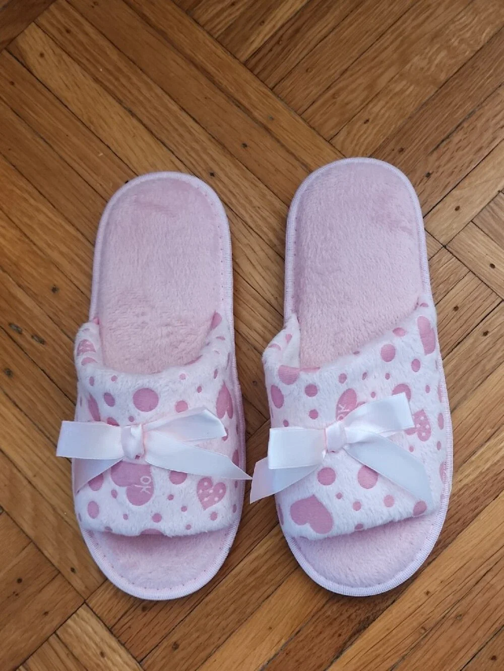 Pink Heart Polka Dot Plush Slippers with Bow